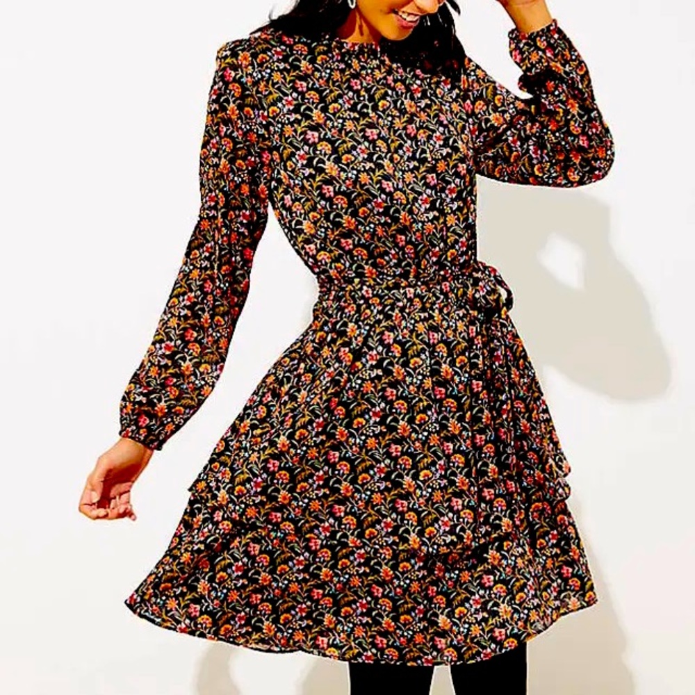 LOFT shimmer floral tie waist dress